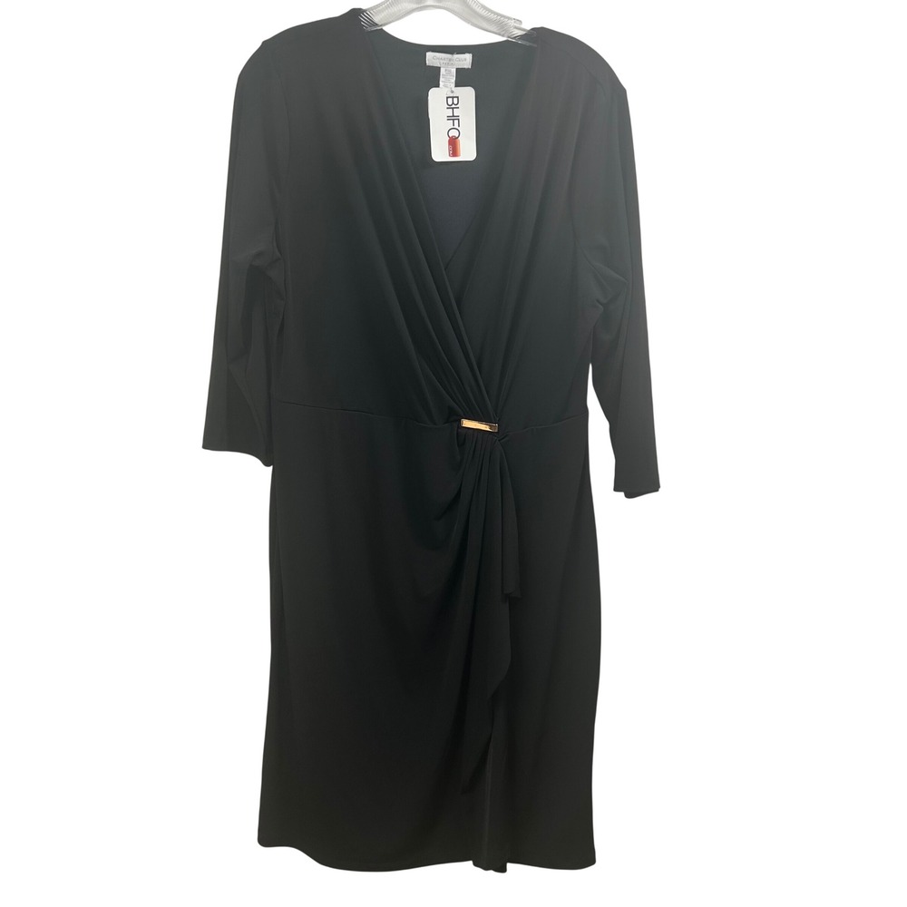 Charter Club Petite Black Faux Wrap Dress Gold Bar Detail 3/4 Sleeve PXL NEW